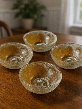 Vntg Pressed Glass Berry Bowls Set of 4 • Cottagecore Dessert Dishes